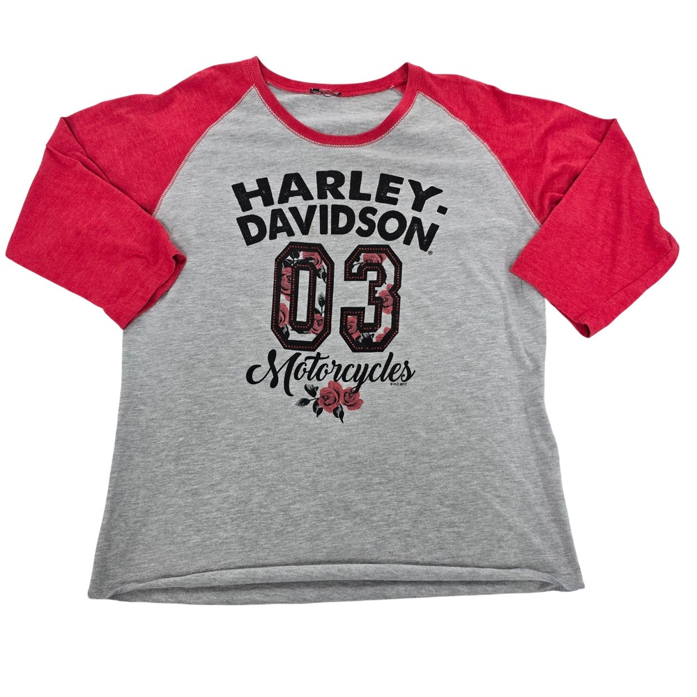Harley Davidson Womens Gray Red Raglan 3/4 Sleeve Rose Graphic Tee Large 2017